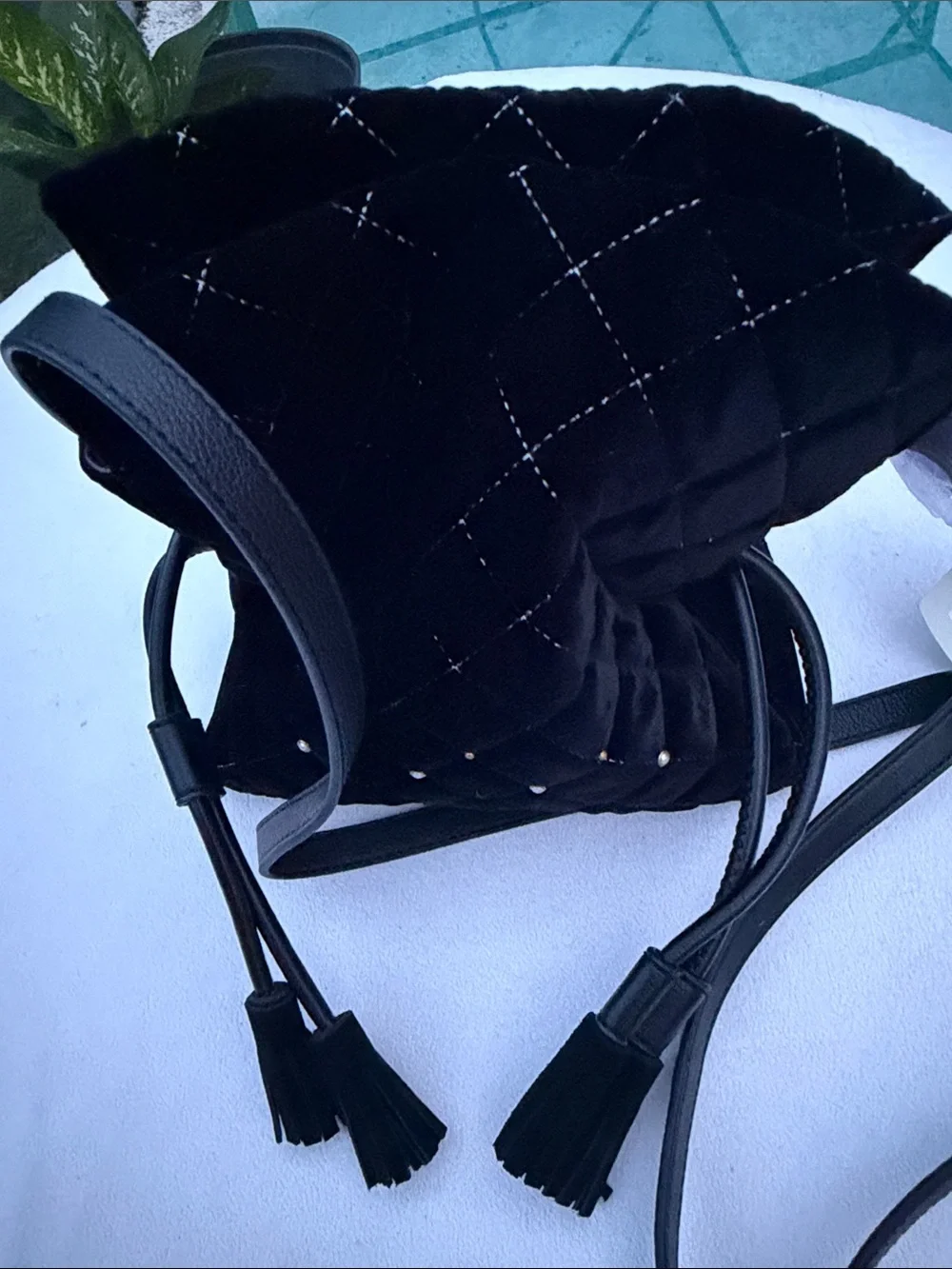 Fossil Black Quilted Velvet Crossbody with Stud Accents